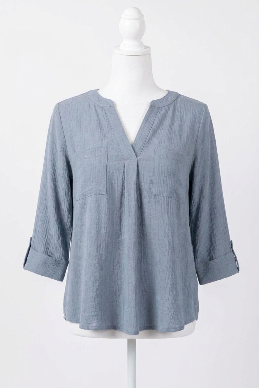 NEW BLU PEPPER split neck back button three quarter tab sleeve top in light teal